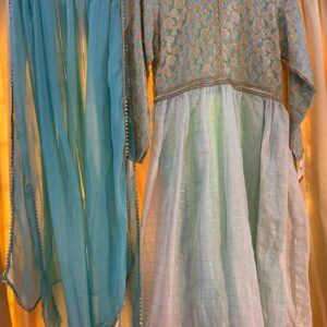 Sky Blue Embroidered Jacquard frock Set with Dupatta