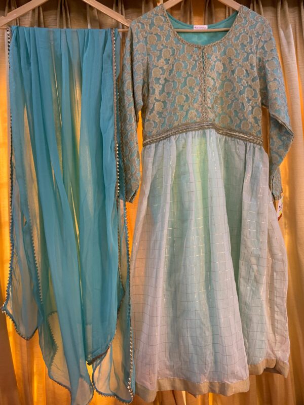 Sky Blue Embroidered Jacquard frock Set with Dupatta