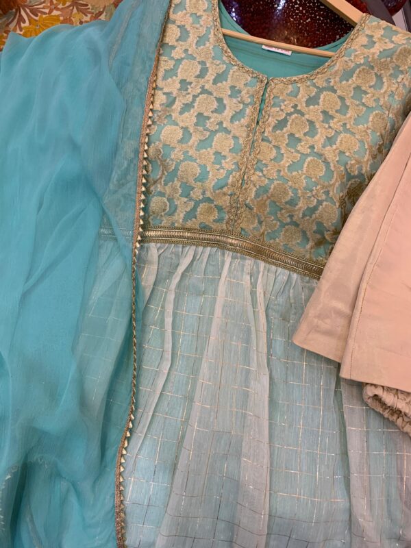 Sky Blue Embroidered Jacquard frock Set with Dupatta - Image 2