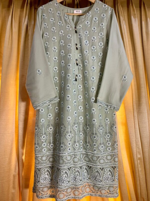 Pastel Green Embroidered Three-Piece Suit with Sheer Floral Dupatta – Grace in Every Thread - Image 5