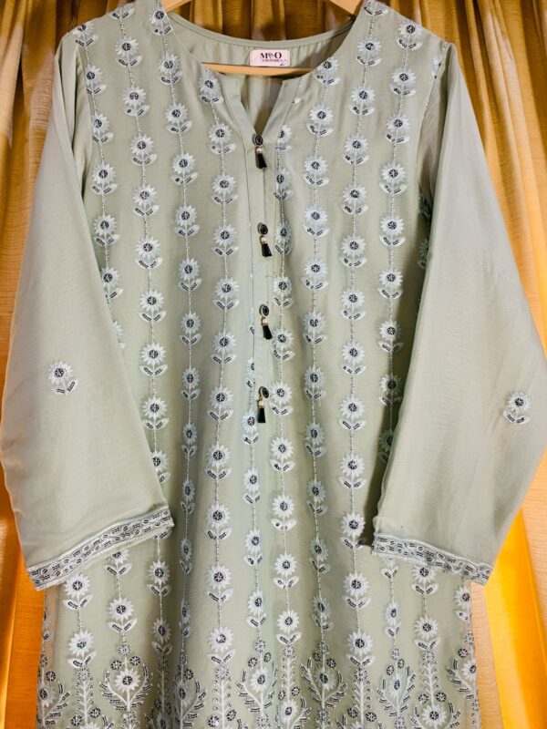 Pastel Green Embroidered Three-Piece Suit with Sheer Floral Dupatta – Grace in Every Thread - Image 3
