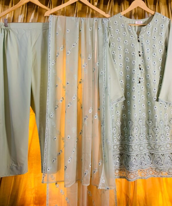 Pastel Green Embroidered Three-Piece Suit with Sheer Floral Dupatta – Grace in Every Thread - Image 2