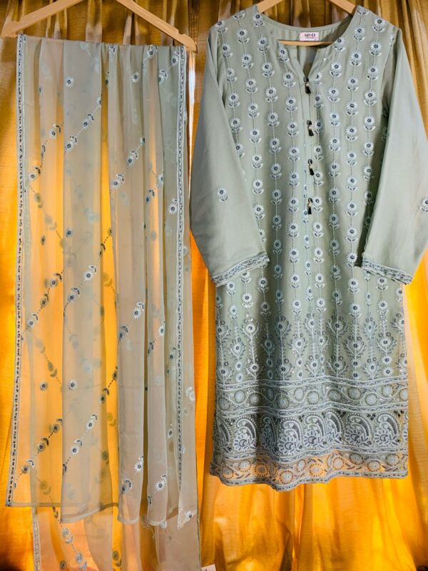 Pastel Green Embroidered Three-Piece Suit with Sheer Floral Dupatta – Grace in Every Thread - Image 4