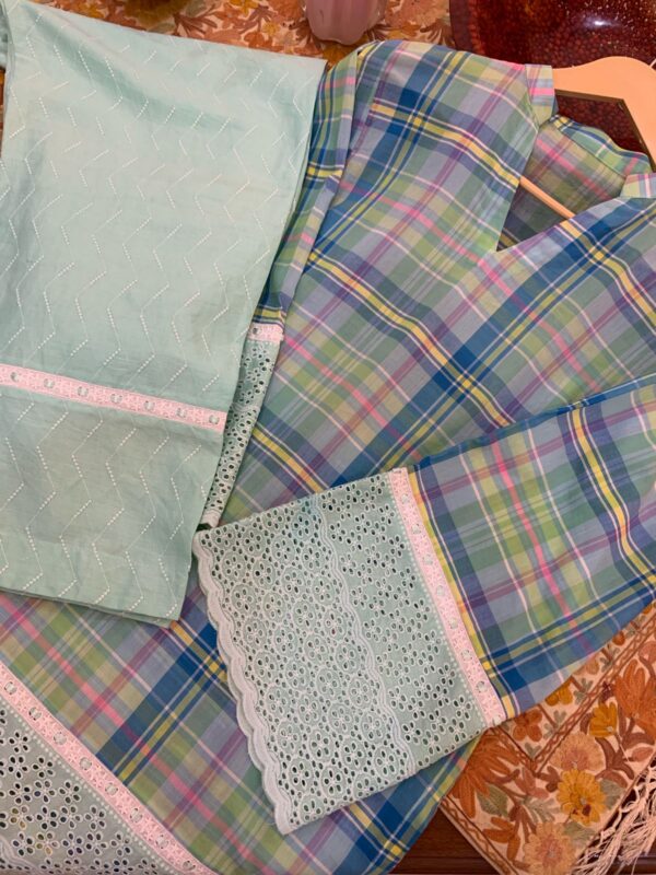 Pastel Checkered Kurti Set with Mint Green Embroidered Pants