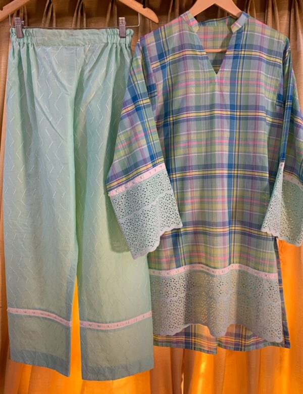 Pastel Checkered Kurti Set with Mint Green Embroidered Pants - Image 4