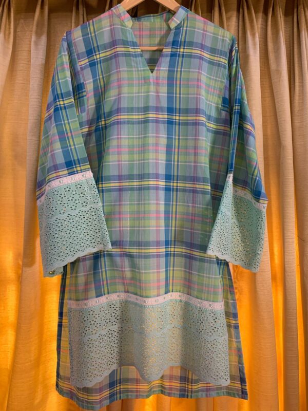 Pastel Checkered Kurti Set with Mint Green Embroidered Pants - Image 2