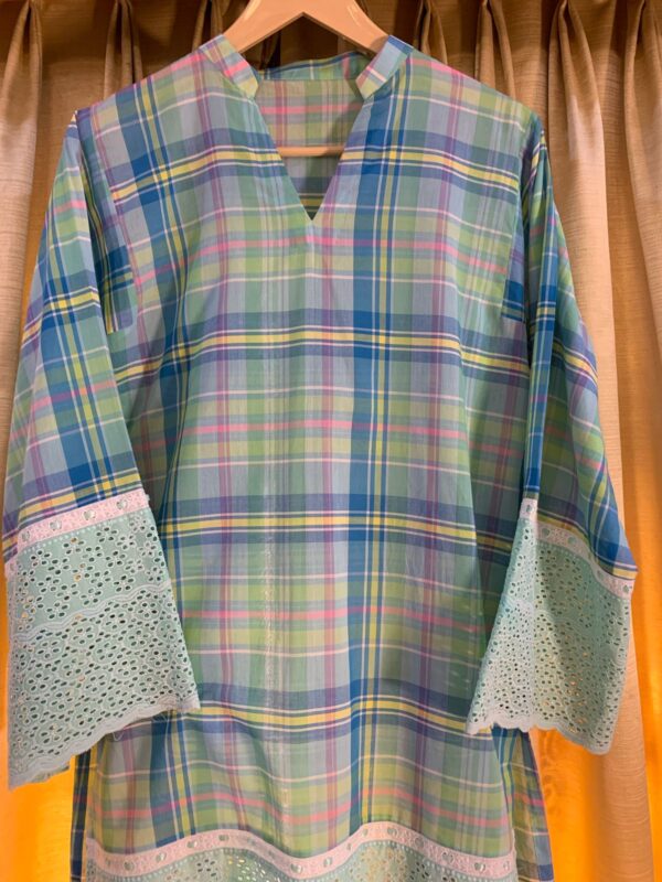 Pastel Checkered Kurti Set with Mint Green Embroidered Pants - Image 3