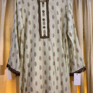 Printed Beige Short Kurti with Button Detailing and Lace Trim