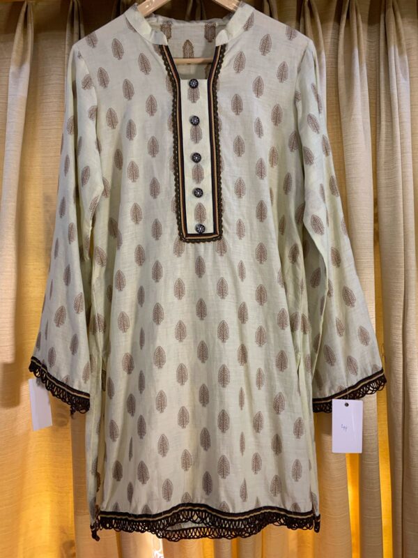 Printed Beige Short Kurti with Button Detailing and Lace Trim