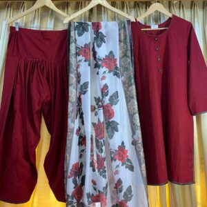 Elegant Maroon Ethnic Set with Floral Dupatta – Kurti, Dhoti Pants & Organza Drape