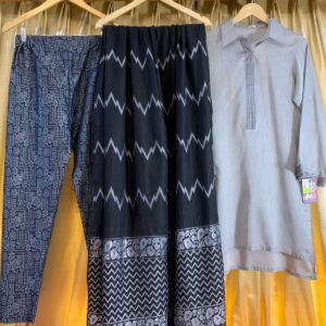 Chic Monochrome Ethnic Set – Kurti with Printed Pants and Black Dupatta