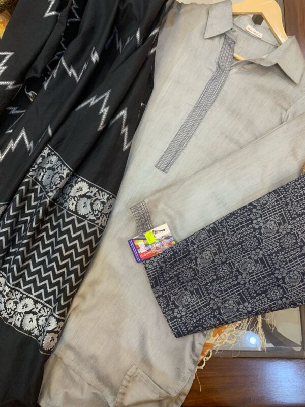 Chic Monochrome Ethnic Set – Kurti with Printed Pants and Black Dupatta - Image 2
