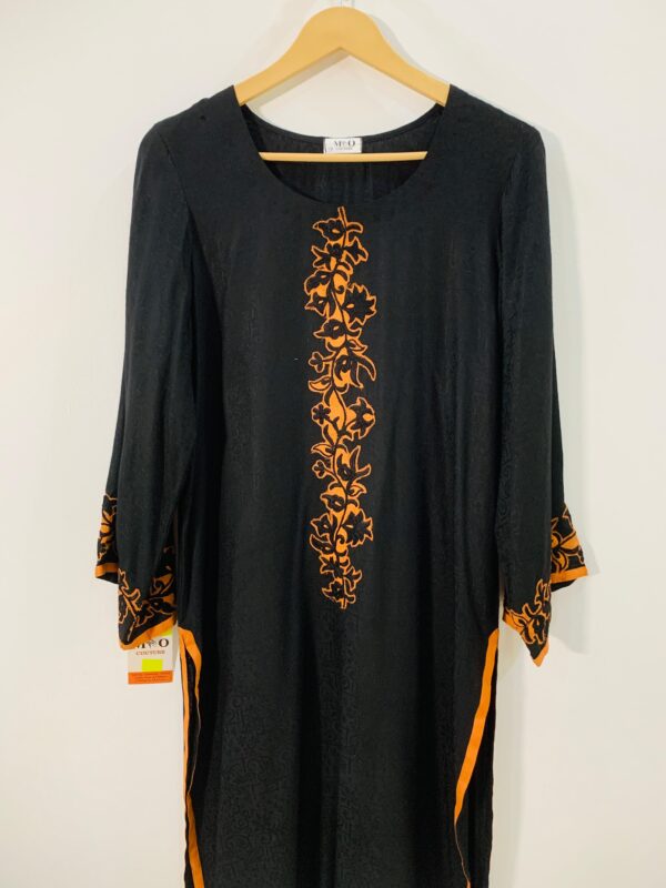 Midnight Ember – Luxe Noir Kurti with Burnt Orange Velvet Embroidery