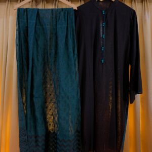 Midnight Oasis – Noir Three-Piece Kurta Set with Teal Veil & Handcrafted Details
